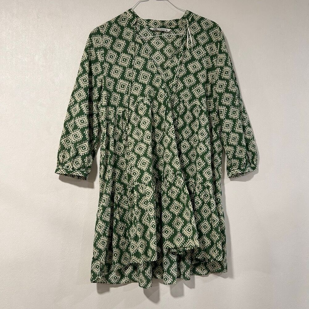 Zara Green Geometric Print Boho Mini Dress Long Sleeve Size L